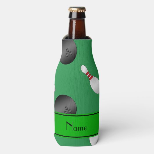 Rafraîchisseur Pour Bouteille Broches de boules de bowling vert nom personnalisé (Bottle Devant)