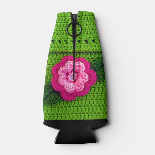 Rafraîchisseur Pour Bouteille Fleur rose avec bouton de perle Crochet vert clair (Dos)