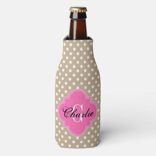 Rafraîchisseur Pour Bouteille Khaki Points Blancs Chaud Rose Nom Initiale (Bottle Devant)