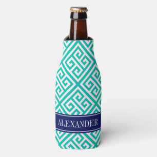Rafraîchisseur Pour Bouteille Monogramme Navy clé grecque diagonale Wht sarcelle