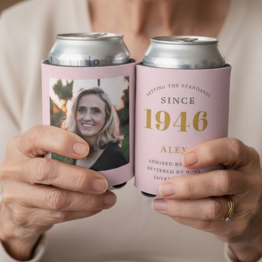 Rafraîchisseur Pour Canette 80e anniversaire Nom 1946 Chic rose Grey Photo