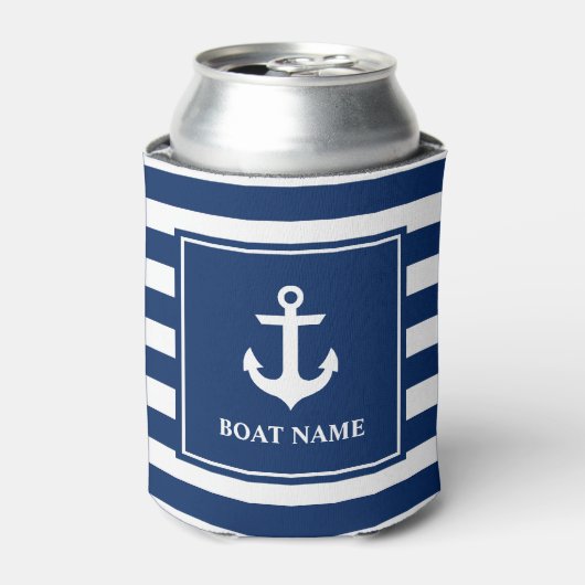 Rafraîchisseur Pour Canette Ancre nautique Marine Blue Striped Boat Name (Can devant)