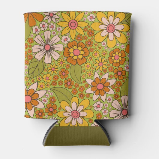 Rafraîchisseur Pour Canette Années 1960, 1970 Vert & Orange Retro Floral (Devant)