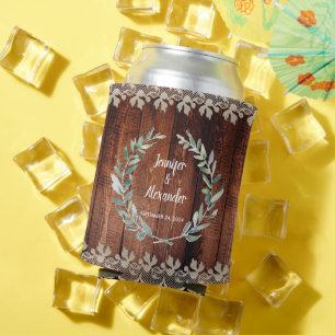 Rafraîchisseur Pour Canette Aquarelle botanique feuille Mariage de bois rustiq