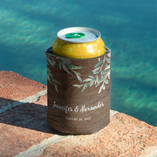 Rafraîchisseur Pour Canette Aquarelle feuille bois rustique Bride Groom Mariag (Piscine in situ)