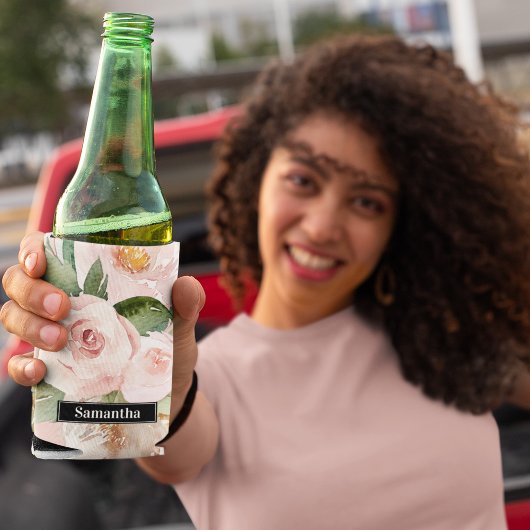 Rafraîchisseur Pour Canette Aquarelle Pastel Pink moderne Fleurs & Nom