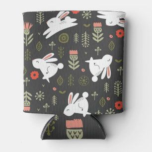 Rafraîchisseur Pour Canette Arrière - plan foncé, lapins blancs, vintage flora