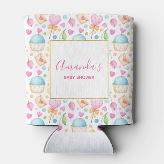 Rafraîchisseur Pour Canette Baby shower Motif d'aquarelle Coeurs et Cupcakes (Dos)
