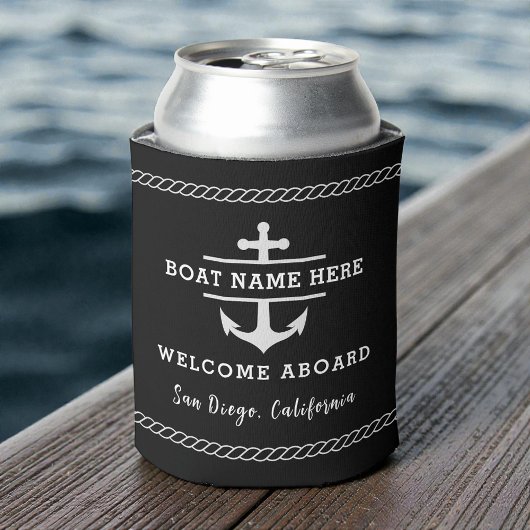 Rafraîchisseur Pour Canette Black Nautical Welcome Aboard Boat Name Anchor