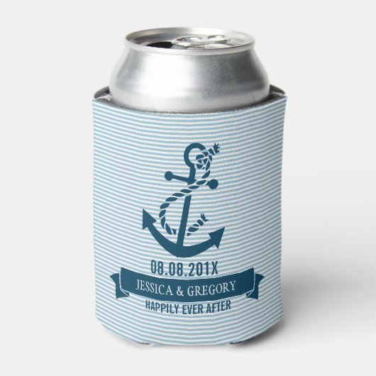 Rafraîchisseur Pour Canette Bleu Et Blanc Stripes & Ancre Nautique Bateau (Can devant)