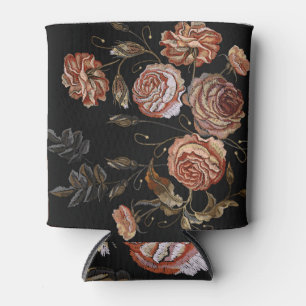 Rafraîchisseur Pour Canette Broderie vintage : roses sur noir.