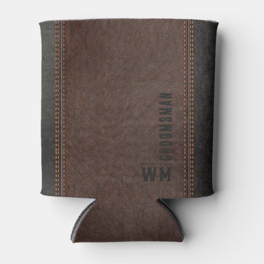 Rafraîchisseur Pour Canette Brown Faux en cuir Monogramme Groomsman Cadeau (Devant)