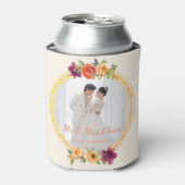 Rafraîchisseur Pour Canette Cadre floral couple photo mariage beige m & mrs (Can devant)