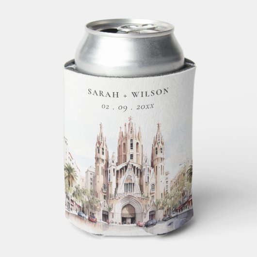 Rafraîchisseur Pour Canette Cathédrale de Barcelone Espagne Mariage d'aquarell (Can devant)
