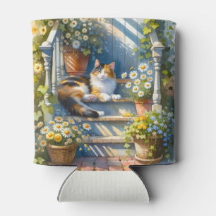 Rafraîchisseur Pour Canette Chat calicot sur la véranda florale Cottagecore