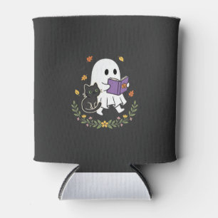 Rafraîchisseur Pour Canette Chat fantôme d'Halloween lisant un livre à motif f