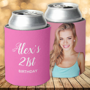 Rafraîchisseur Pour Canette Chaud Rose Blanc 21e Anniversaire Nom Photo