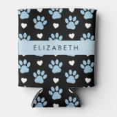 Rafraîchisseur Pour Canette Chien Paws, Blue Paws, White Hearts, Votre Nom (Devant)