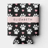 Rafraîchisseur Pour Canette Chien Paws, White Paws, Rose Hearts, Votre Nom (Devant)