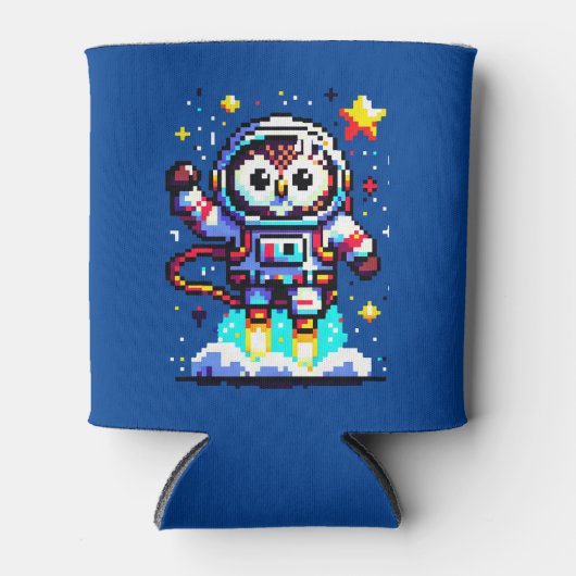 Rafraîchisseur Pour Canette Chouette cosmique : Explorateur d'espace 8 bits (Devant)