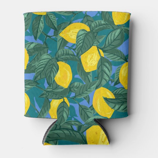 Rafraîchisseur Pour Canette Citrons, feuille : motif tropical d'agrumes. (Devant)
