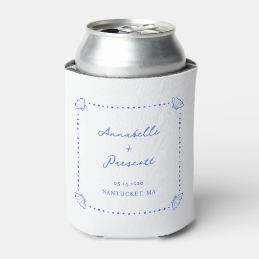 Rafraîchisseur Pour Canette Coastal Shell Blue Border Personalized Wedding (Can devant)