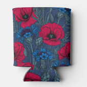 Rafraîchisseur Pour Canette Coquelicots rouges et fleurs bleues sur bleu (Dos)
