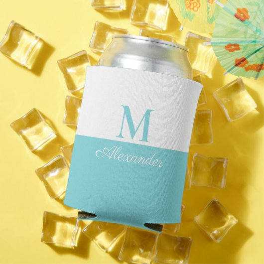 Rafraîchisseur Pour Canette Côtière Moderne Bleu Turquoise Blanc Monogramme (Été in situ)