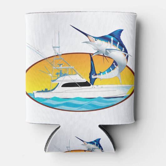 Rafraîchisseur Pour Canette Coucher de soleil bleu Marlin et bateau (Devant)