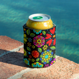 Rafraîchisseur Pour Canette Couleurs Néon Sur Motif Floral Rétro Sans Couture