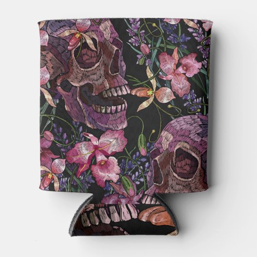 Rafraîchisseur Pour Canette Crâne brodé : Motif gothique de l'orchidée (Devant)
