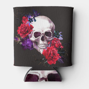 Rafraîchisseur Pour Canette Crâne et Rose : Aquarelle florale foncée.