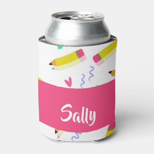 Rafraîchisseur Pour Canette Crayons et rayures jaunes sur blanc (Can devant)