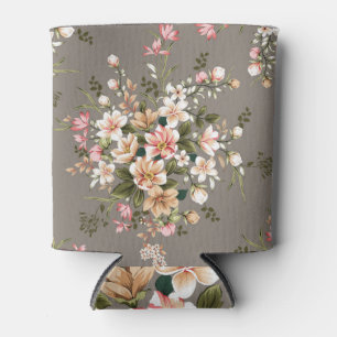 Rafraîchisseur Pour Canette Crème, fleurs roses sur gris.