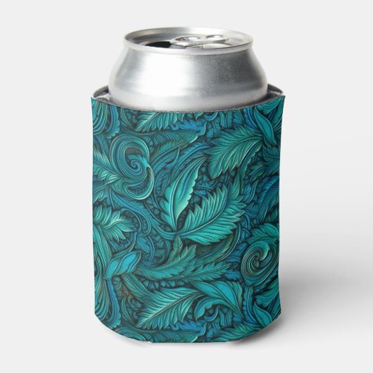 Rafraîchisseur Pour Canette Cuir vintage turquoise sculpté (Can devant)