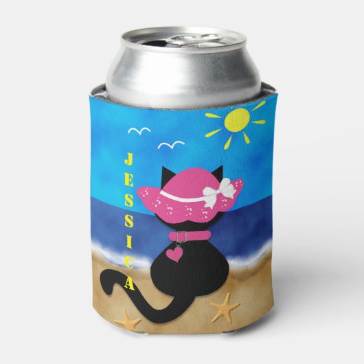 Rafraîchisseur Pour Canette Cute Black Cat Beach Thème Pink Bonnet Can Cooler (Can devant)