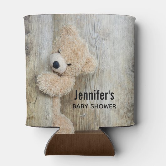 Rafraîchisseur Pour Canette Cute Ours Stuffé Baby shower Mur Rustique En Bois (Dos)