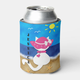 Rafraîchisseur Pour Canette Cute White Cat Beach Thème Pink Bonnet Can Cooler