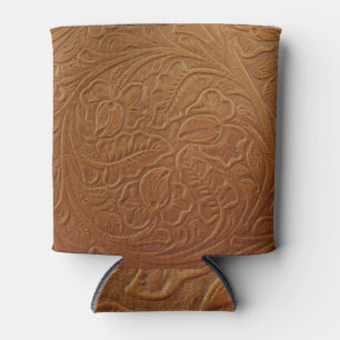 Rafraîchisseur Pour Canette Décor occidental cowboy floral, cuir marron foncé.