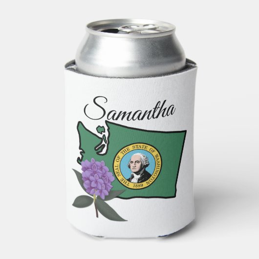 Rafraîchisseur Pour Canette Drapeau Washington et Fleur Rhododendron Pacifique (Can devant)