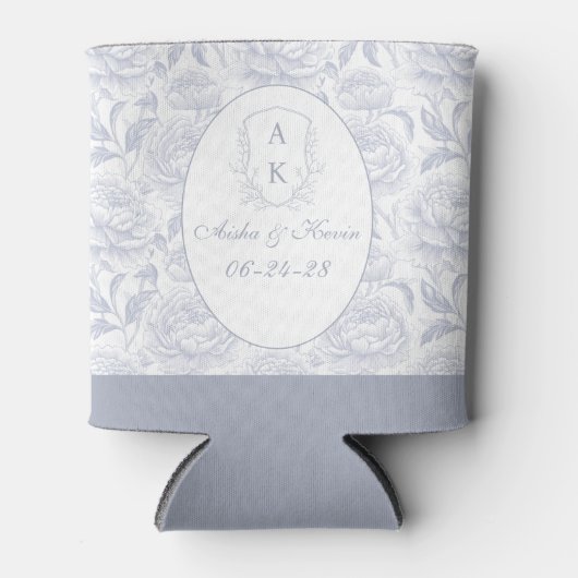 Rafraîchisseur Pour Canette Dusty Blue Chinoiserie Peonies Monogram Wedding (Devant)
