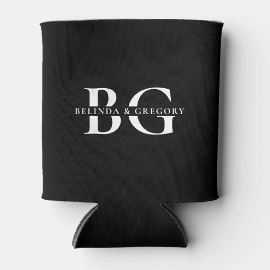 Rafraîchisseur Pour Canette Élégant Noir et Blanc Monogramme Initiales Mariage (Devant)