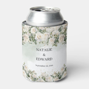 Rafraîchisseur Pour Canette Elégant Roses Blanches Verdure et mariage Or