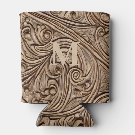 Rafraîchisseur Pour Canette Élégant sculpté en bois clair Monogramme (Dos)