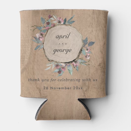 Rafraîchisseur Pour Canette Eucalyptus rose sauvage en bois rustique Mariage (Devant)