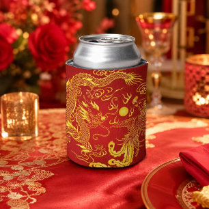 Rafraîchisseur Pour Canette Faveur de mariage chinoise Dragon Phénix Rouge Or