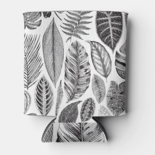 Rafraîchisseur Pour Canette Feuilles exotiques, vintage floral noir et blanc.
