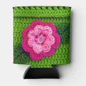 Rafraîchisseur Pour Canette Fleur rose avec bouton de perle Crochet vert clair (Devant)