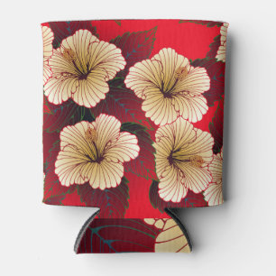 Rafraîchisseur Pour Canette Fleurs d'Hibiscus, Motif d'ivoire rouge.
