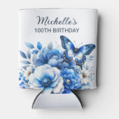 Rafraîchisseur Pour Canette Fleurs papillons bleues Élégant 100e anniversaire (Devant)